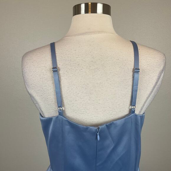 DKNY Satin Ruffled High Low Evening Gown Blue Size 16 Sleeveless V-Neck Dress - Picture 8 of 13